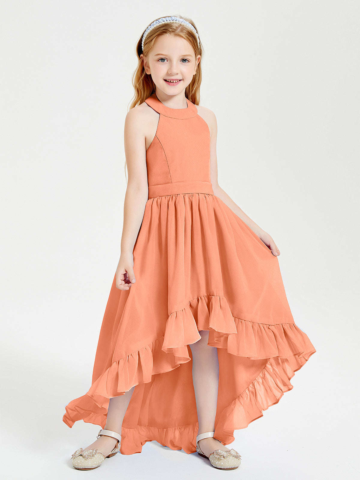 Trendy Boho Junior Bridesmaid Dresses Asymmetrical Cascading Skirt Papaya